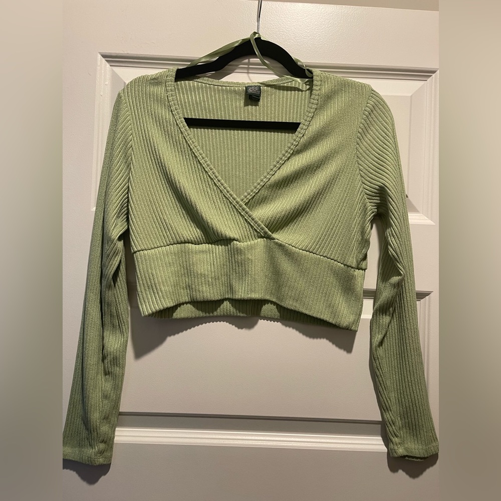 Wild Fable Women's Green Ribbed Long Sleeve Crop Top
